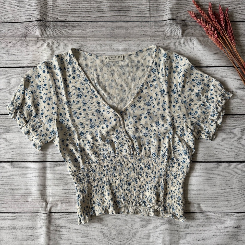 Paper Crane White Puff Sleeve Smocked Blouse